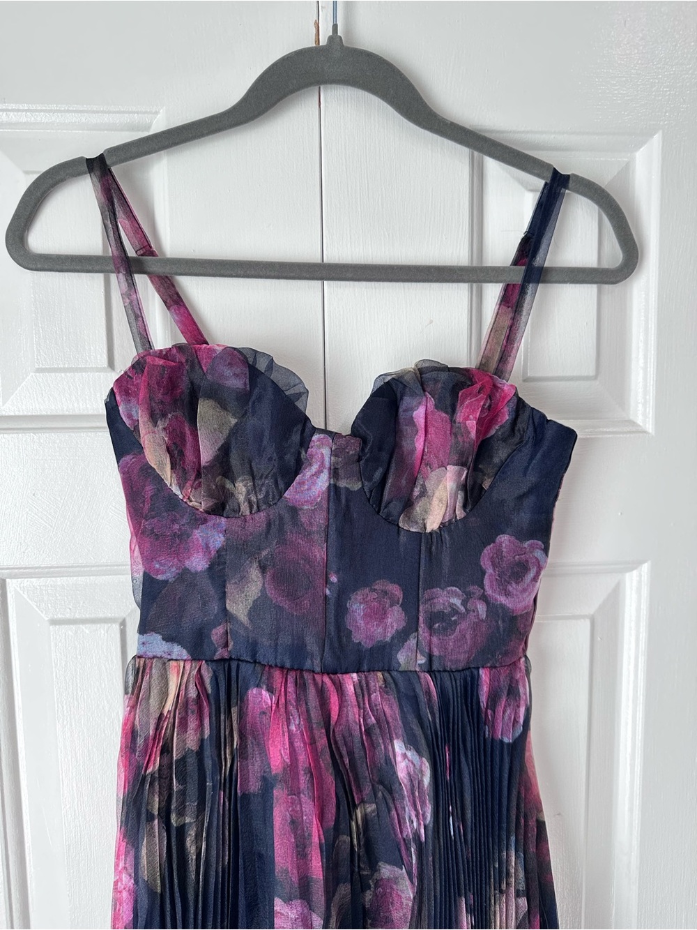 Lulus Alluring Invite Midnight Blue Floral Pleated Bustier Midi Dress XS - Picture 5 of 13